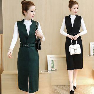 Set: Plain Mock Neck Long Sleeve T-shirt + Pinafore Sleeveless Midi Dress