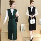 Set: Plain Mock Neck Long Sleeve T-shirt + Pinafore Sleeveless Midi Dress