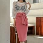 Set: 3/4-sleeve Mesh Cropped Top + Bow Midi Straight-fit Skirt