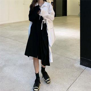 Long-sleeve Irregular Two-tone A-line Midi Shirtdress As Shown In Figure - One Size