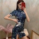 Traditional Chinese Short-sleeve Printed Slit A-line Mini Dress
