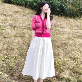 Set: Short Sleeve V-neck Contrast Trim Cardigan + Plain Midi A-line Skirt