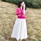 Set: Short Sleeve V-neck Contrast Trim Cardigan + Plain Midi A-line Skirt
