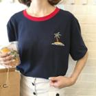 Color-block Embroidered Short-sleeve T-shirt