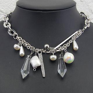 Faux Crystal Faux Pearl Necklace Silver - One Size