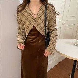 Plaid Crop Button-up Jacket Khaki - One Size