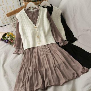Set: Ruffled-trim Pleated Midi Dress + Button-down Knit Vest