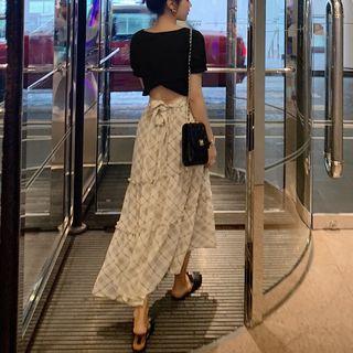 Tie-back Short-sleeve Crop Top / Plaid Midi A-line Skirt