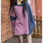 Long-sleeve Color-block Ripped Knit Sweater As Shown In Figure - One Size