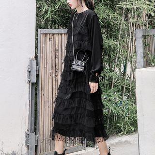 Dotted Long-sleeve Midi Tiered Dress