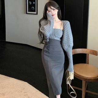Puff-sleeve Shrug / Camisole Top / Fitted Skirt / Set