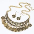 Set : Retro Coin Fringed Alloy Necklace + Dangle Earring