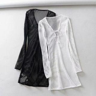 Long-sleeve Lace-up Perforated Mini Dress