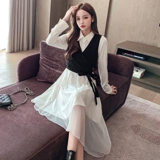 Set: Asymmetric Long Sleeve Plain Shirtdress + V-neck Cropped Knit Vest