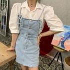 Short-sleeve Shirt / Washed Ripped Denim Pinafore Dress