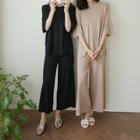Set: Round-neck Slit-side Knit Top + Band-waist Pants