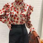 Flower Print Ruffle Trim Blouse Floral - One Size
