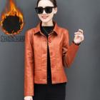 Fleece-lined Faux Leather Buttoned Jacket