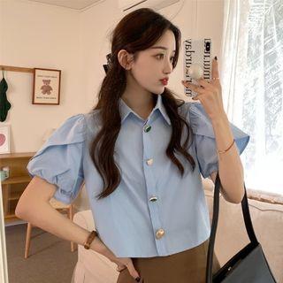 Short-sleeve Cropped Blouse Blue - One Size