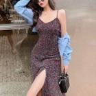 Spaghetti-strap Floral Print Slit Midi A-line Dress / Denim Shirt