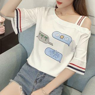 Pleated Trim Printed Off Shoulder Elbow Sleeve Top