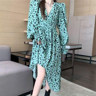 Balloon-sleeve Floral A-line Dress