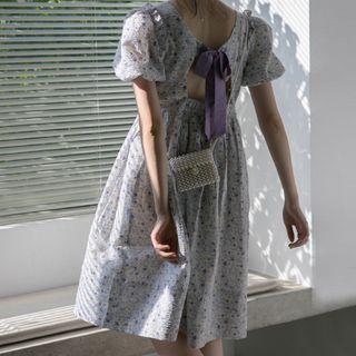 Bow Back Puff Sleeve Floral Print Dress