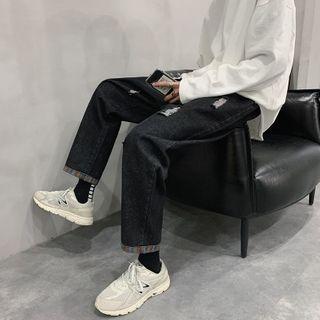 Paneled Ripped Straight-cut Jeans