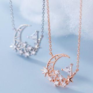 Moon & Star Rhinestone Pendant Sterling Silver Necklace