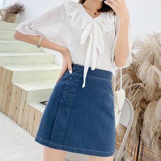 Pinstriped Tie-neck Short-sleeve Blouse