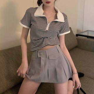 Short-sleeve Striped Zip Polo Shirt Striped - Black & White - One Size