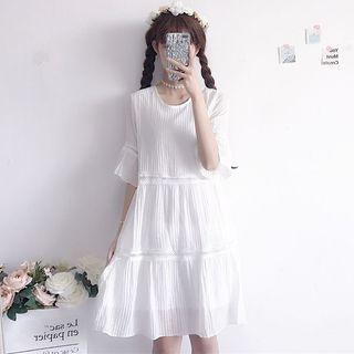 Elbow-sleeve Pleated Mini A-line Dress White - One Size