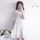 Elbow-sleeve Pleated Mini A-line Dress White - One Size