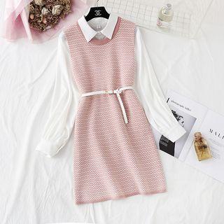 Set: Balloon-sleeve Shirt + Argyle Print Long Knit Vest