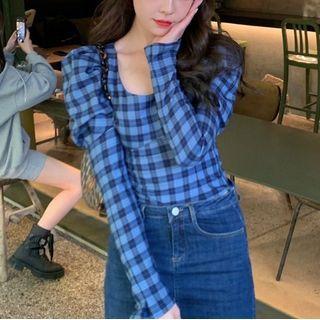 Long-sleeve Square-neck Plaid Shirt