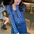 Long-sleeve Square-neck Plaid Shirt