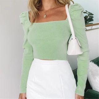 Puff-sleeve Square Neck Cropped Knit Top