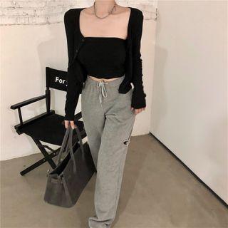 Plain Bandeau / Cropped Cardigan / Wide-leg Sweatpants
