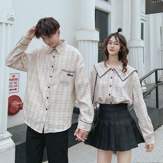 Couple Matching Plaid Short / Straight-cut Pants / Collared Plaid Blouse