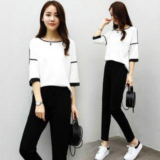 Set: Contrast Trim Elbow-sleeve T-shirt + Slim-fit Pants