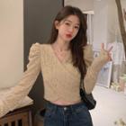 V-neck Lace Asymmetrical Hem Puff-sleeve Top