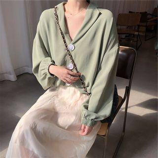 Set: Balloon-sleeve Blouse + A-line Midi Skirt