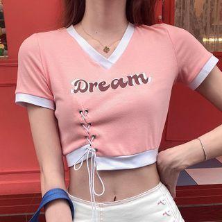 Contrast Trim Lace-up Lettering Cropped T-shirt