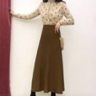 Long-sleeve Dotted Cropped Cardigan / High-waist Plain A-line Skirt