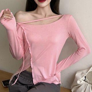 Long-sleeve Plain Slit T-shirt Pink - One Size