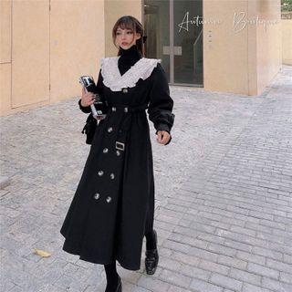 Lace-collar Double-breasted Long Wool Coat