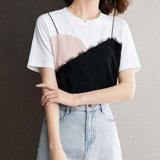 Mock Two-piece Short-sleeve Fringed T-shirt