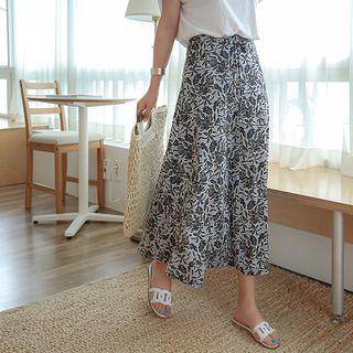 Tie-waist Pattern Flare Skirt Sky Blue - One Size