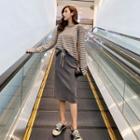 Striped Long-sleeve T-shirt / Drawstring Midi Straight-fit Skirt / Set