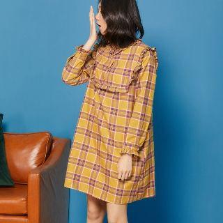Long-sleeve Frill-trim Plaid Dress